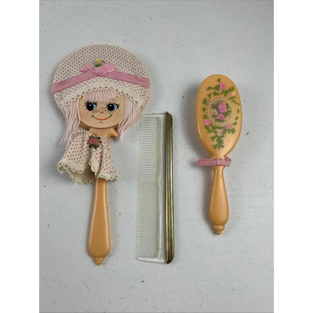 Vintage Child's Doll Face Kitschy Hand Vanity Mirror, Comb, Brush Set